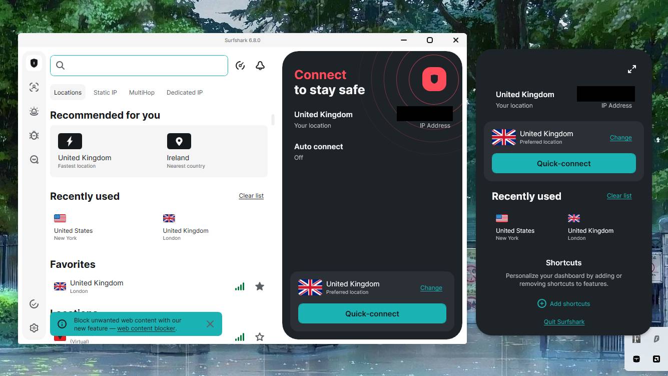 A screenshot of the Surfshark VPN app and mini-menu on Windows 11.