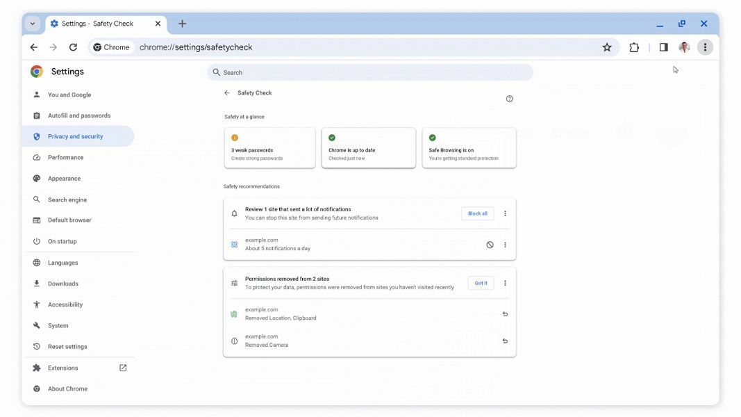 Chrome's updated "Safety Check" will let users see notifications from sites, active permissions, and more.
