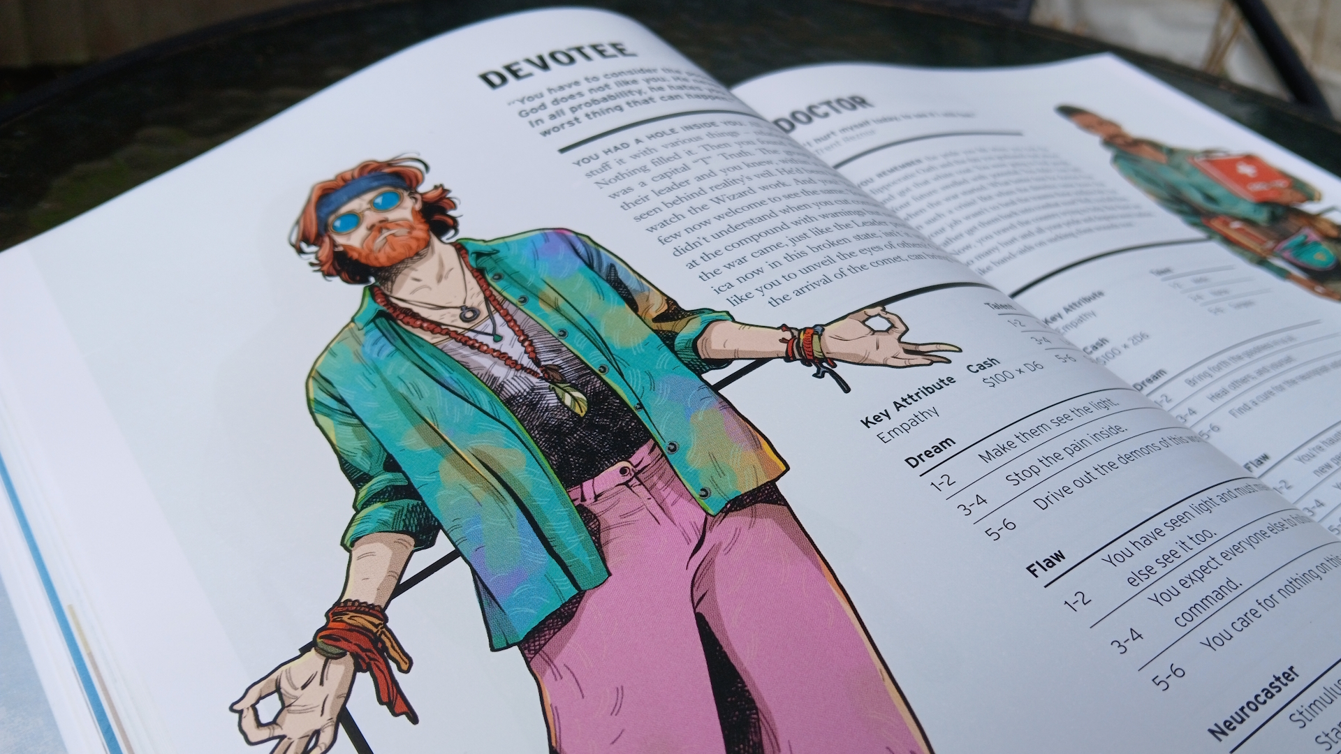 Artwork and stats for the Devotee class in The Electric State Roleplaying Game rulebook