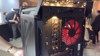 Corsair's new Warthog case with a light over the rear IO panel, at computex 2026.
