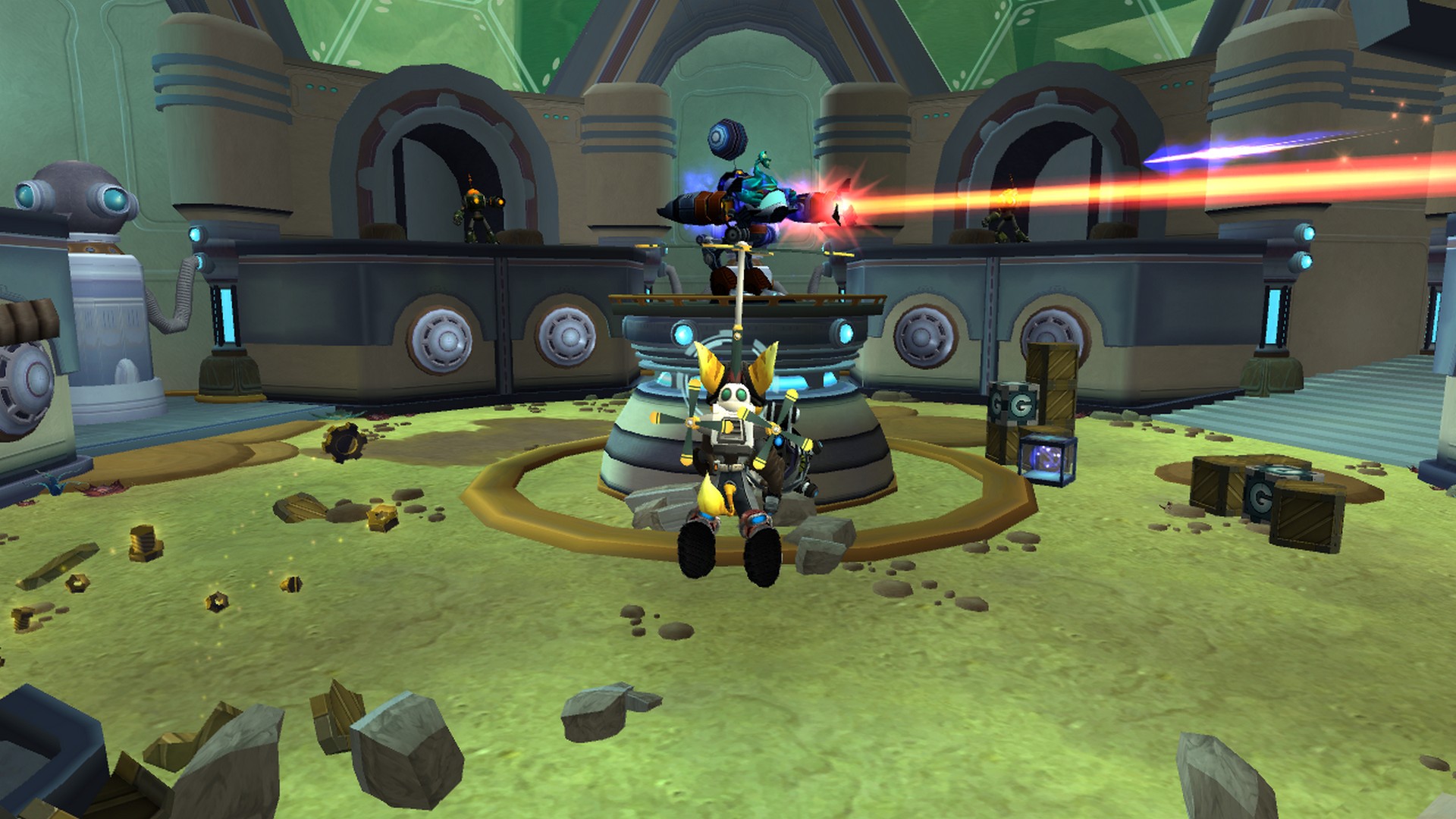 Ratchet leaps forward at a laser blasting enemy as Clank spins helicopter blades behind him