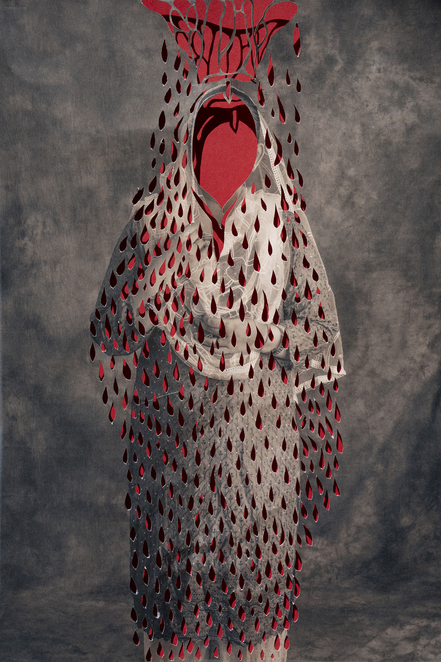 A stylized figure draped in translucent fabric, adorned with red teardrop patterns, set against a textured gray background