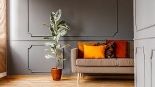 Charcoal grey painted living room with paneling with beige sofa layered with burnt orange and mustard yellow cushions