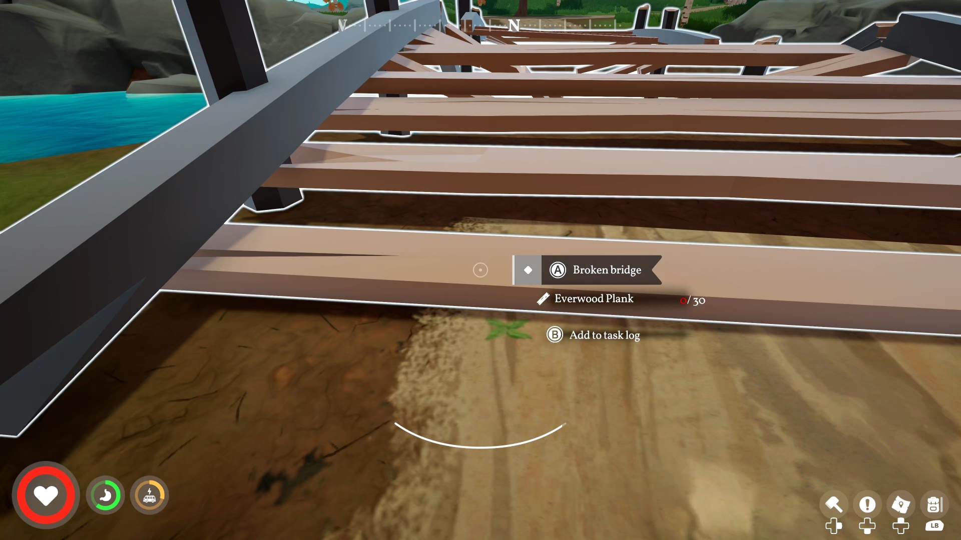 Outbound - an interaction menu shows you can add the task to your log for repairing a broken bridge.