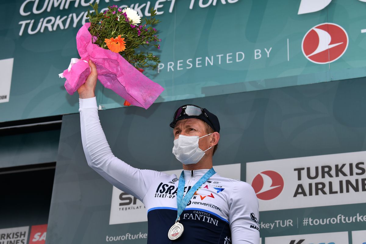 TURGUTREIS TURKEY APRIL 17 Andre Greipel of Germany and Team Israel StartUp Nation celebrates at Podium during the 56th Presidential Cycling Tour Of Turkey 2021 Stage 7 a 180km stage from Marmaris to Turgutreis TUR2021 tourofturkeyTUR on April 17 2021 in Turgutreis Turkey Photo by Stuart FranklinGetty Images