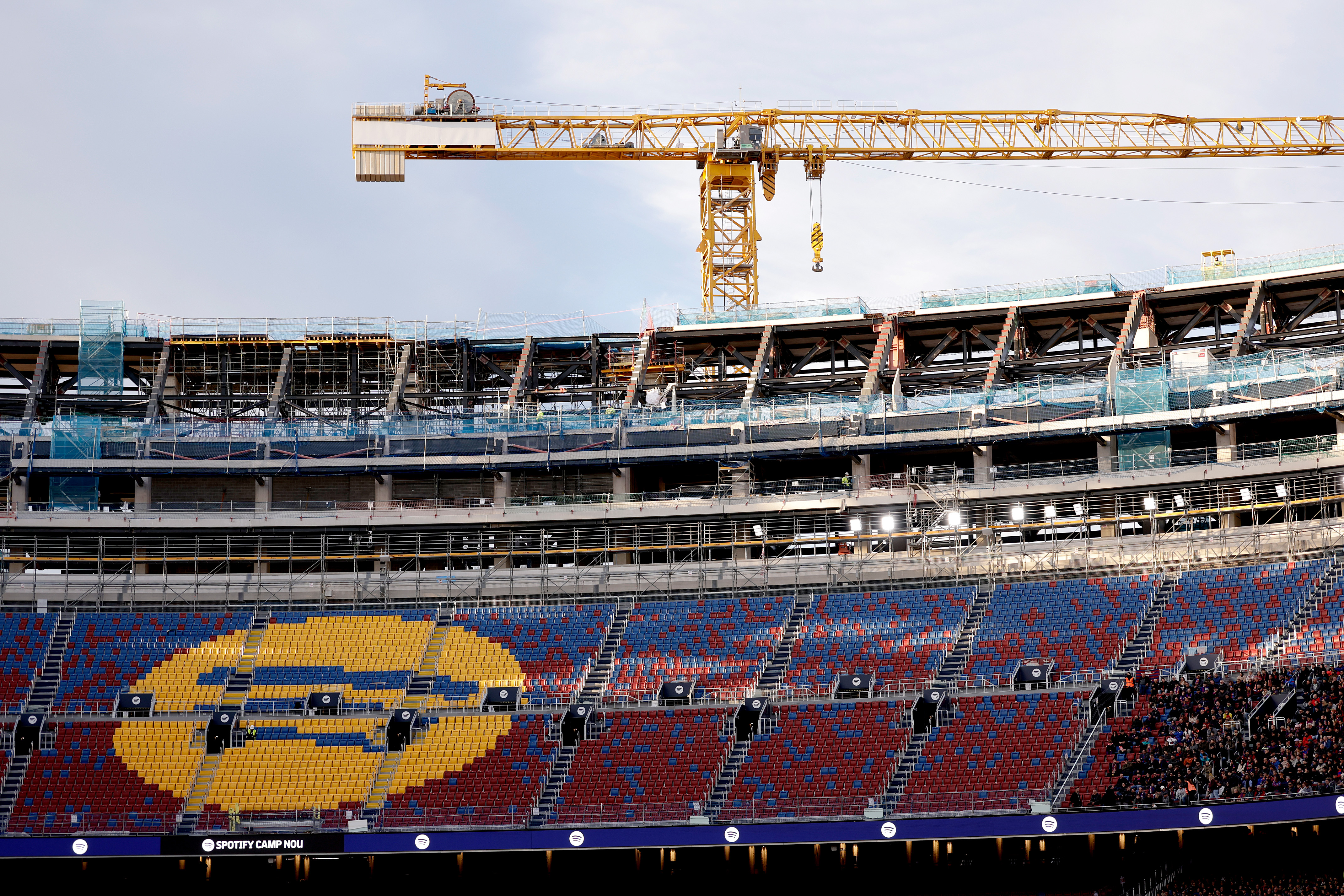 BARCELONA, SPAIN - NOVEMBER 22: Spotify Camp Nou stadium of FC Barcelona during a stadium renovation during the LaLiga EA Sports match between FC Barcelona v Athletic de Bilbao at the Lluis Companys Olympic Stadium on November 22, 2025 in Barcelona Spain (Photo by Maria Garcia Jimenez /Soccrates/Getty Images)