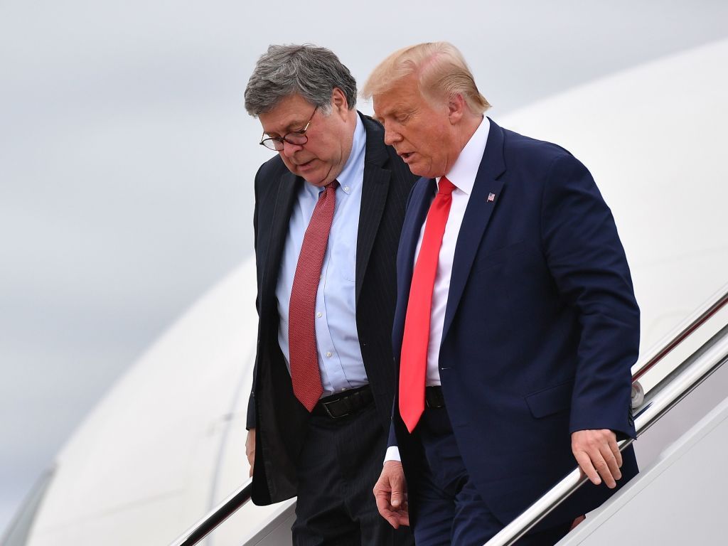 William Barr and Donald Trump.