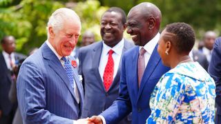 King Charles is greeted by President of the Republic of Kenya, William Ruto, and the First Lady of the Republic of Kenya, Rachel Ruto