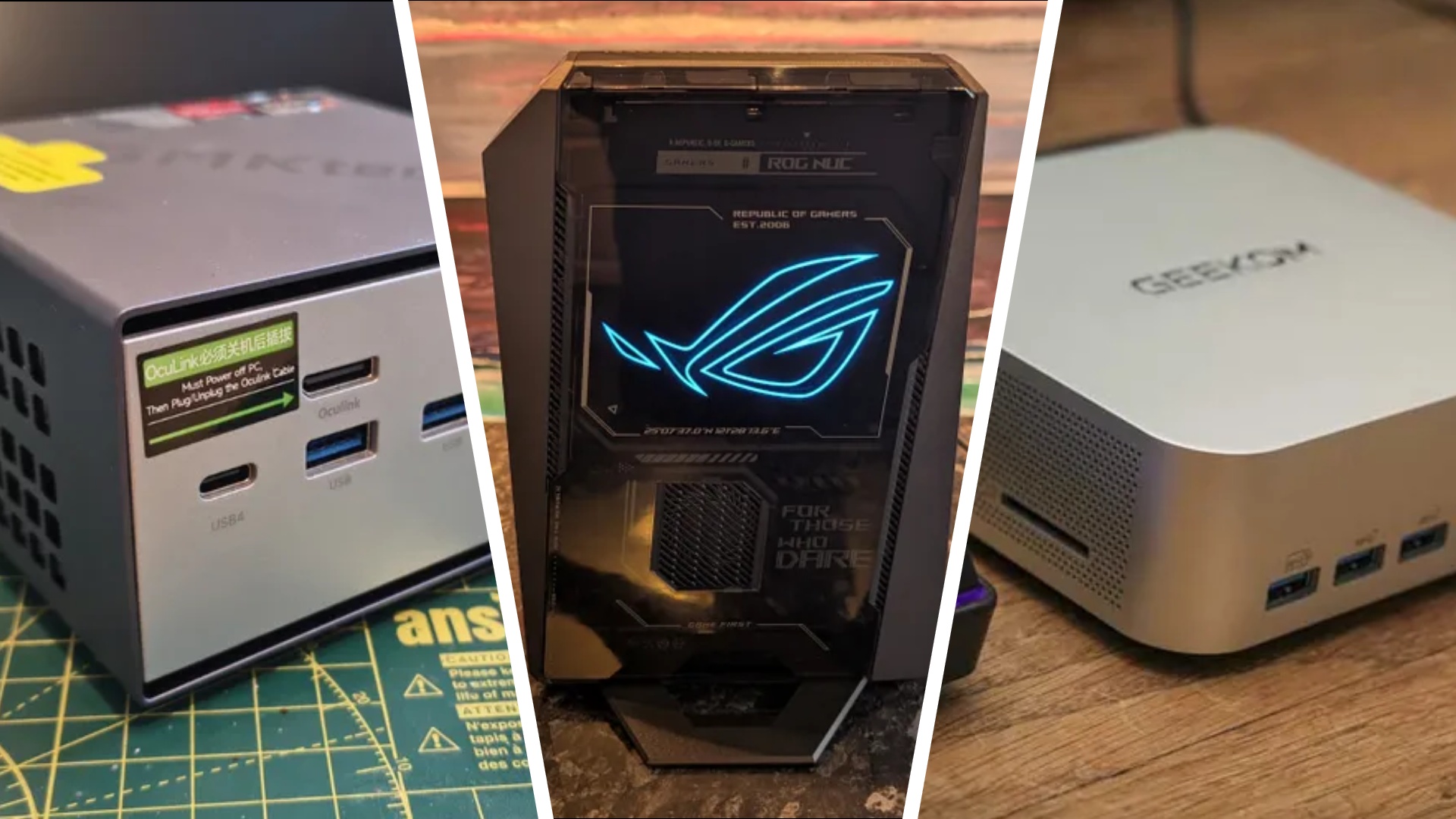 The GMKtec K16, Asus ROG NUC, and Geekom A8 Max on a desk during our testing and review process