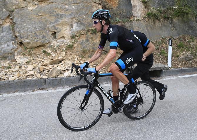 Bradley Wiggins (Sky) gets back underway.
