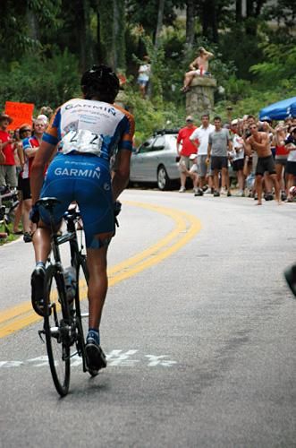 David Zabriskie (Garmin-Slipstream) enters the throngs of fans on Paris Mountain.