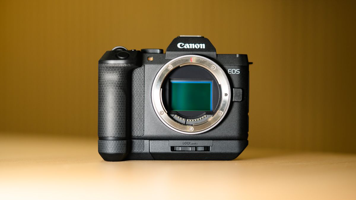 Canon EOS R8 Mark II on a wooden table, with grip attached