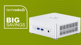 A Minisforum mini PC next to a TechRadar bade that says Big Savings