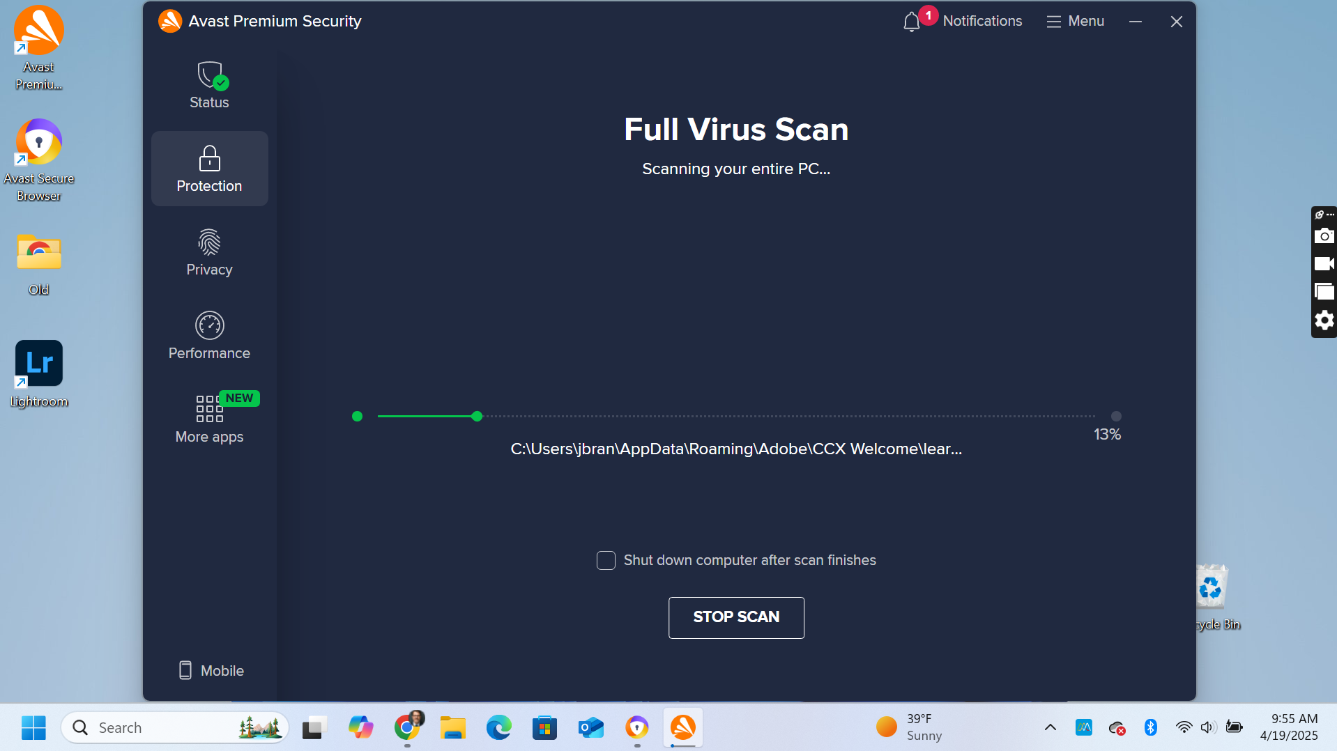 A screenshot of the Avast Premium full virus scan in action.