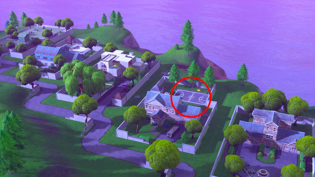 Where are the Fortnite basketball courts for the score a basket on