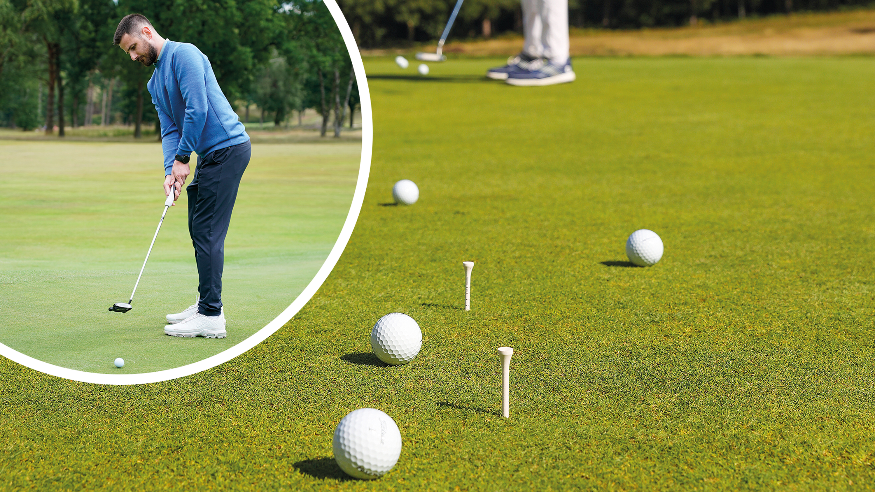 A speed control putting drill by Paul Foston, using two tee pegs 15 inches apart, which can be used pre-round, with an inset image of Baz Plummer putting on the green at Sand Moor Golf Club