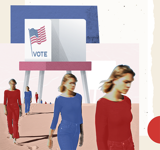 Graphic design illustration art composed of elements including a line of white women walking away from a voting stand that has an American flag and a sign that says VOTE.