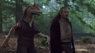 Jar Jar and Qui-Gon walking on Naboo