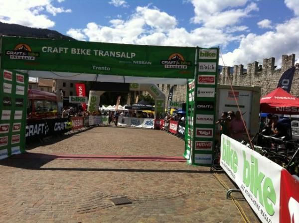 The finish line of Stage 7 in the piazza in Trento, Italy.