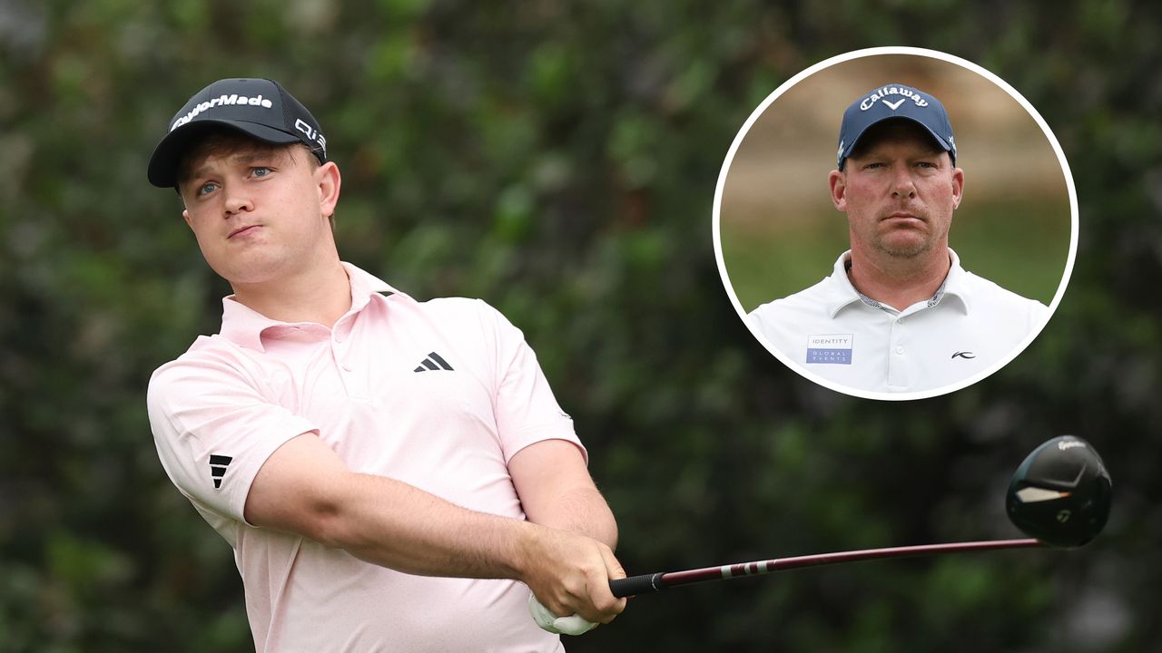 Main image of Jayden Schaper hitting a drive in the final round of the 2025 Alfred Dunhill Championship with an inset headshot of Shaun Norris