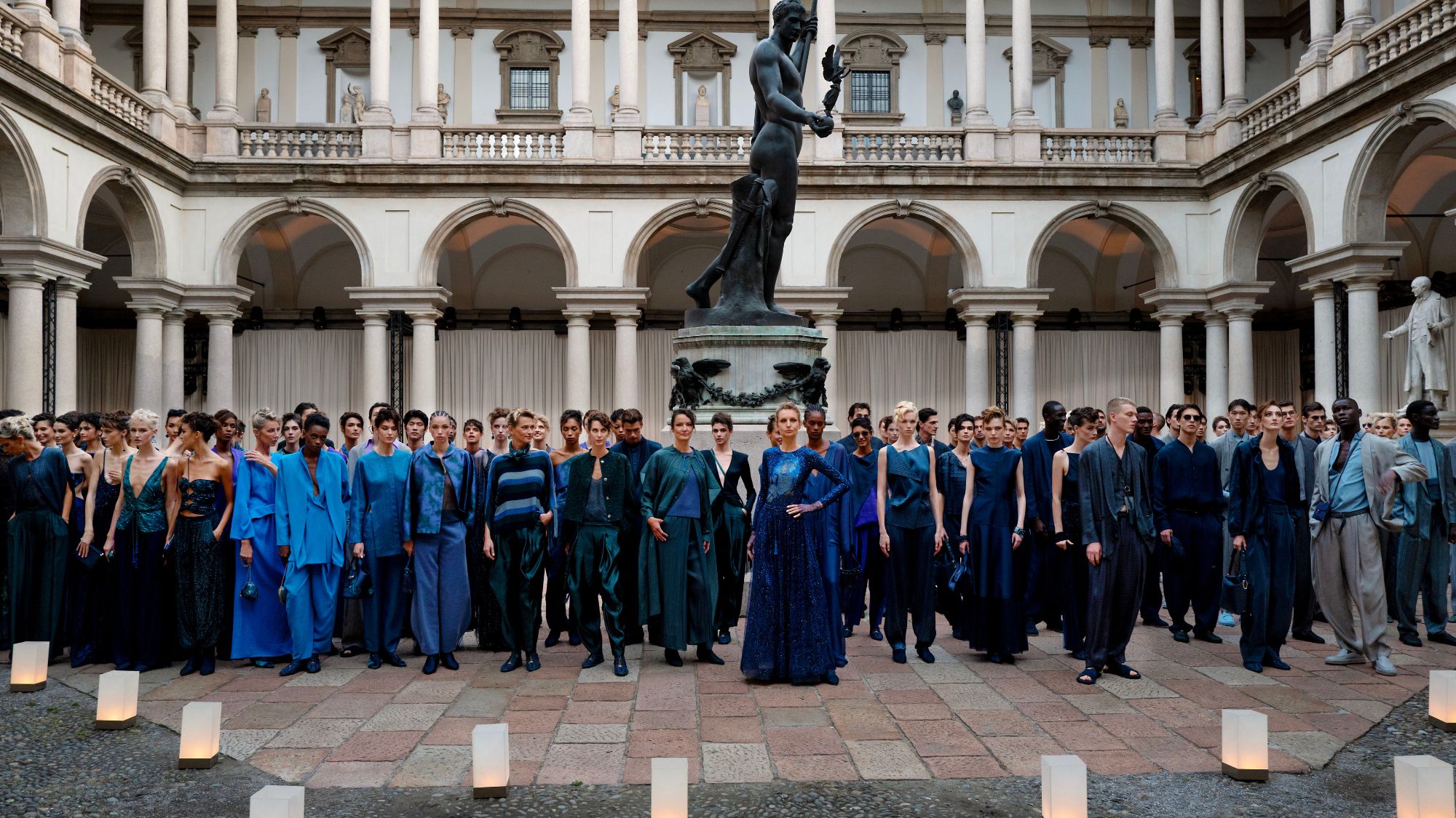 models gather in the courtyard of Milan&#039;s Pinacoteca di Brera for Giorgio Armani&#039;s final SS26 show