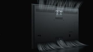 An artistic interpretation of Panasonic's ThermalFlow system in use on the Z95B. The back of the TV is presented against a black background and light-colored air is illustrated in such a way as to emphasize directional flow into the bottom of the TV and out of the top vents.