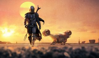 The Mandalorian walking away from his craft, and the sunset