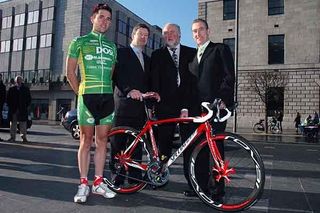 U-23 Irish National Road Race Champion Mark Cassidy and Sean Kelly with representatives from two of the team's main sponsors, Grant Thornton and Martin Donnelly.