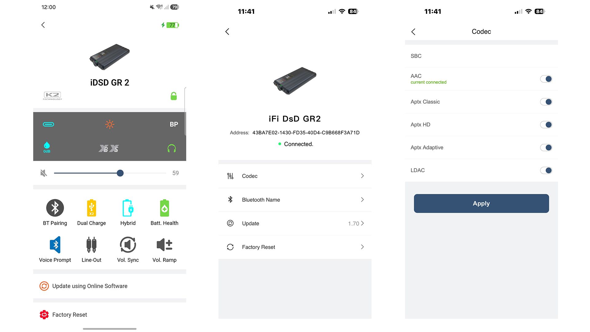 iFi iDSD GR 2 DAC app on three smartphone screens