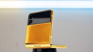 Comically gold Galaxy Z Flip 4 mockup