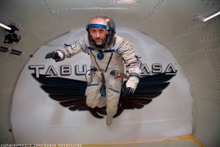 American computer game developer Richard Garriott floated in weightlessness inside a Russian Sokol spacesuit during an airplane ride to celebrate the release of his game 'Tabula Rasa.'