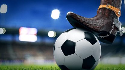 Illustration of a soccer ball on the pitch with a player wearing cowboy boots 