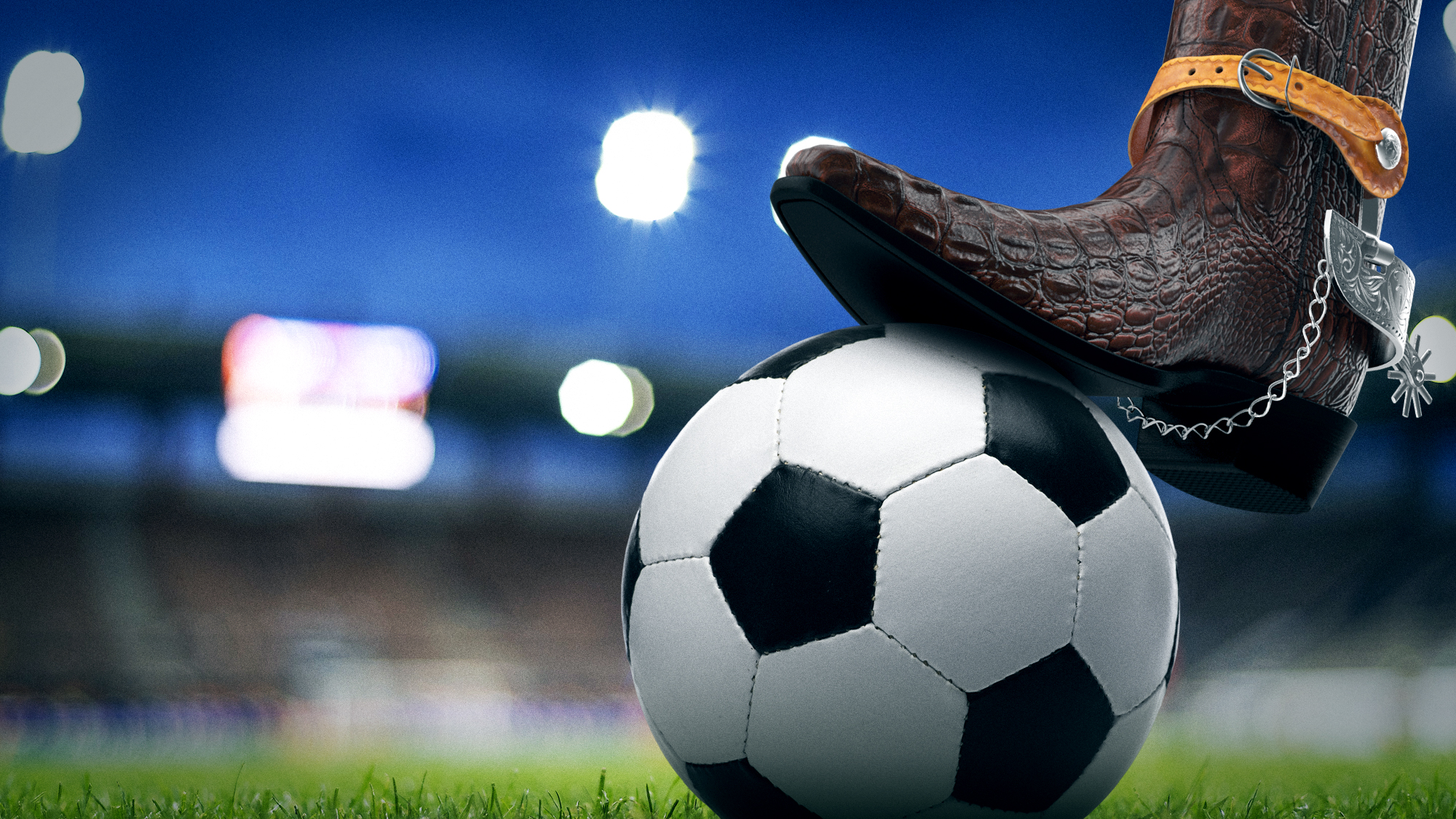 Illustration of a soccer ball on the pitch with a player wearing cowboy boots  