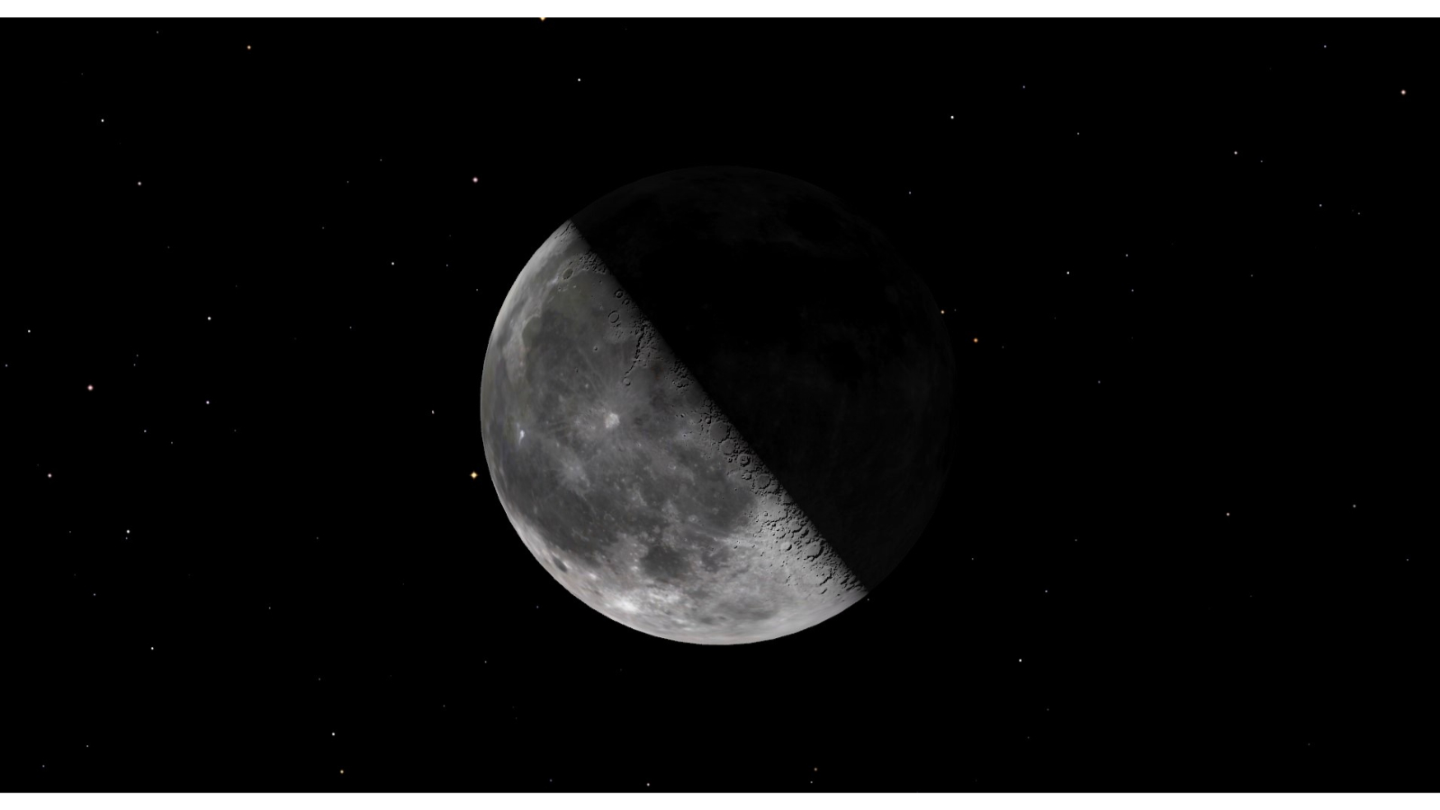 A close up of the third quarter moon shows a the left side illuminated while the right side is in shadow.