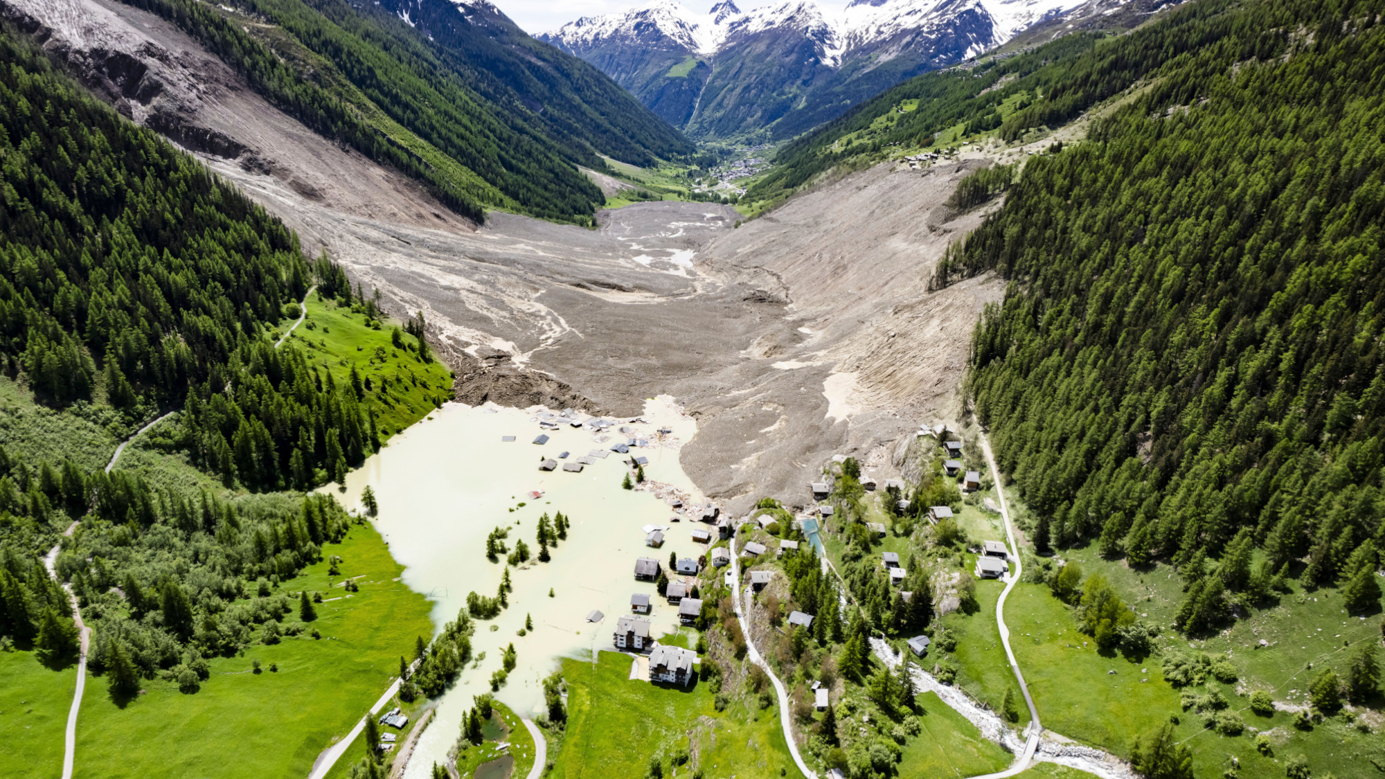 A glacier collapses down on a Swiss mountainside