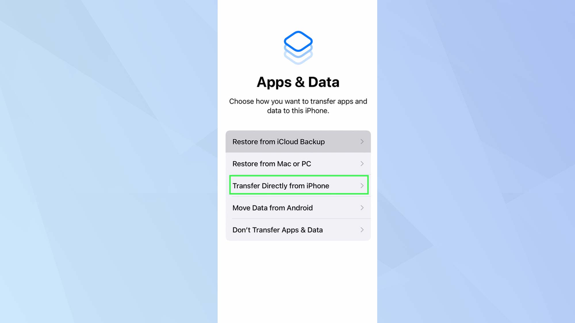 Приложение iOS Apps & Data с выделенной передачей напрямую с iPhone