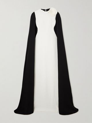 Two-tone silk crepe gown with cape-style appliqué