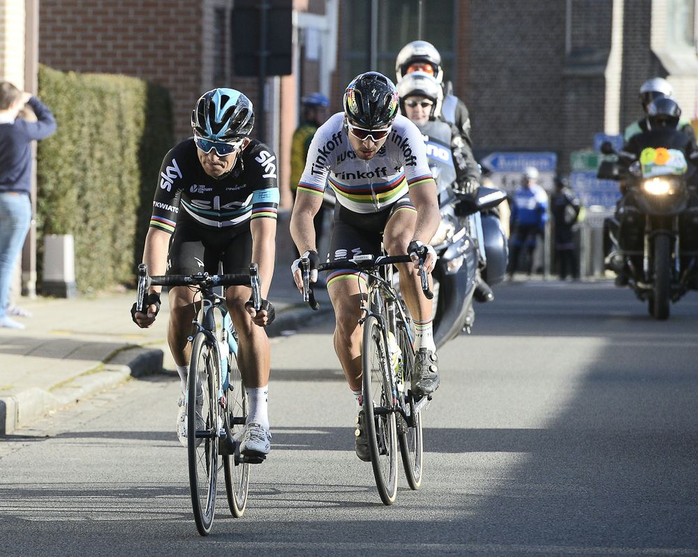 Michal Kwiatkowski (Team Sky) and Peter Sagan (Tinkoff) ride toward the finish of E3 Harelbeke