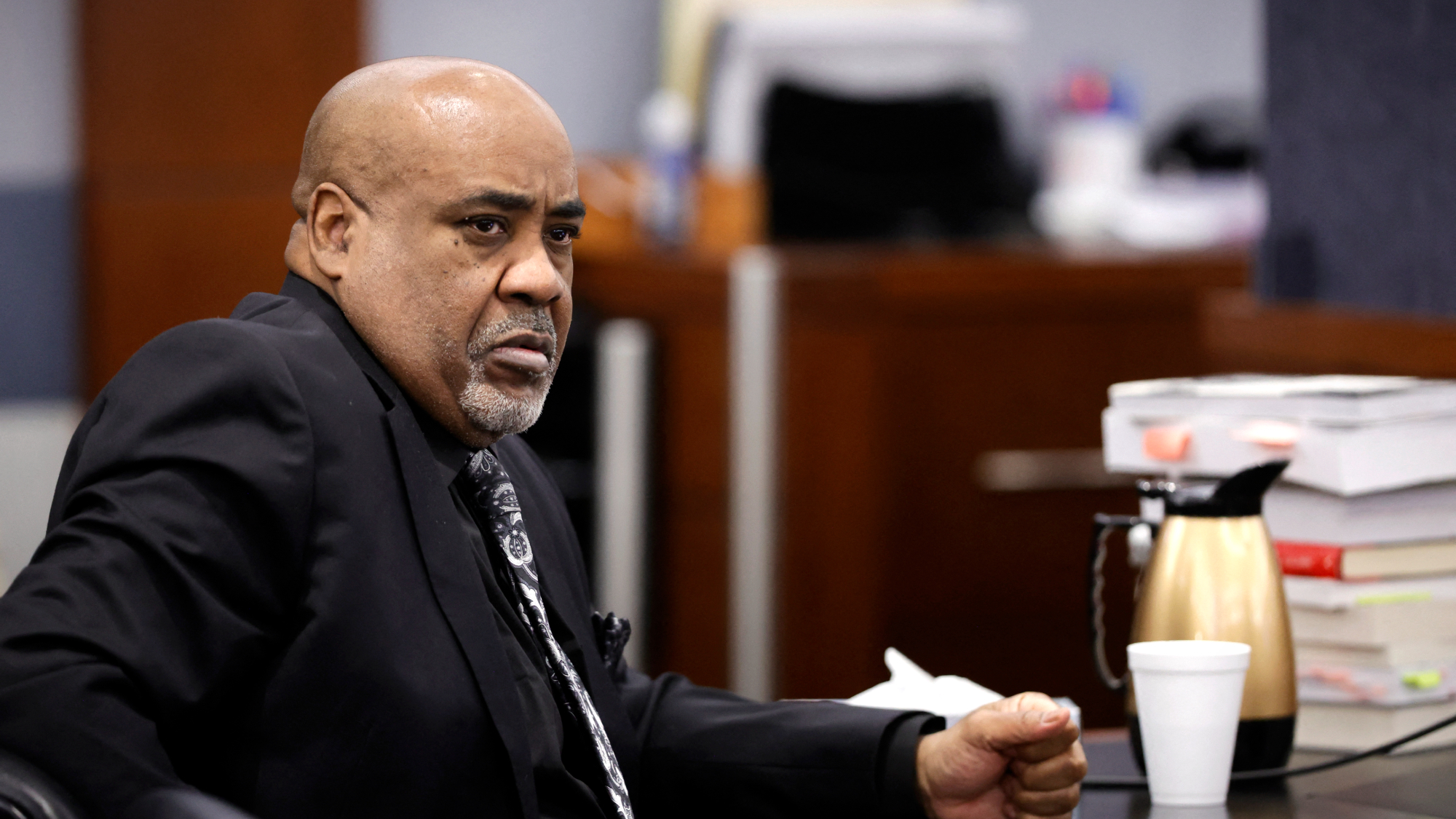 Duane Davis sits at the defense table during a break during closing arguments in his murder trial, related to the 1996 killing of rapper Tupac Shakur.