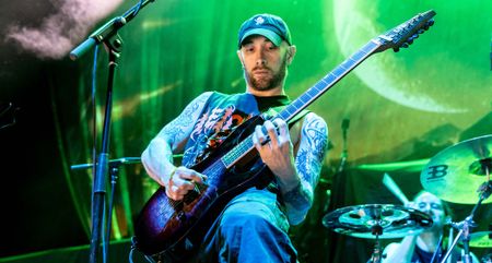 Josh Middleton takes a solo on his signature ESP / LTD electric guitar during a Sylosis live show in San Francisco, 2025.