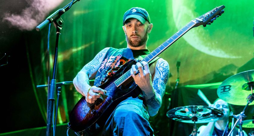 Josh Middleton takes a solo on his signature ESP / LTD electric guitar during a Sylosis live show in San Francisco, 2025.