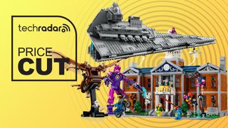 Several Lego sets on an orange background