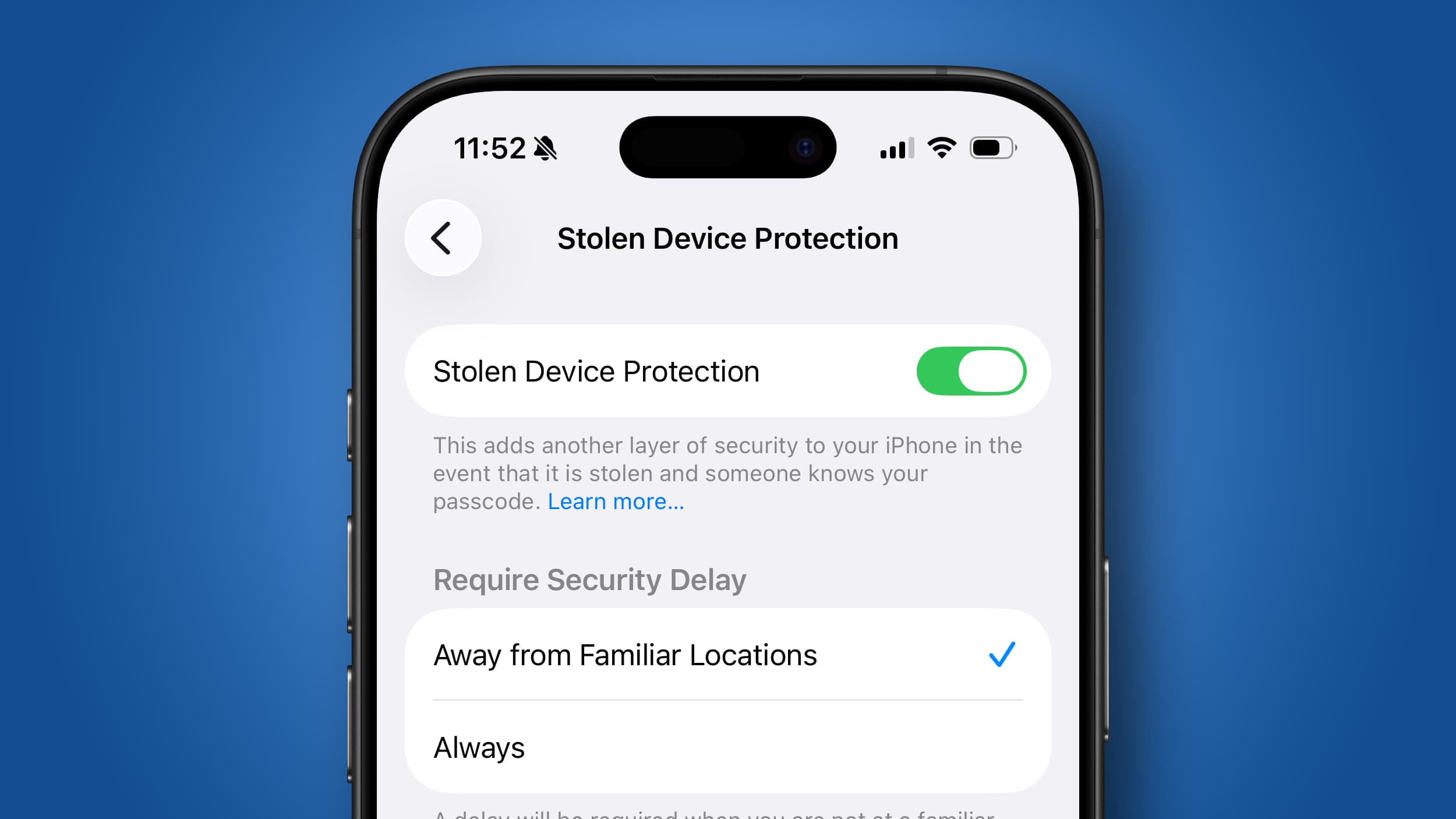 An iPhone 16 Pro showing the Stolen Device Protection feature in iOS 26.4 against a blue background.