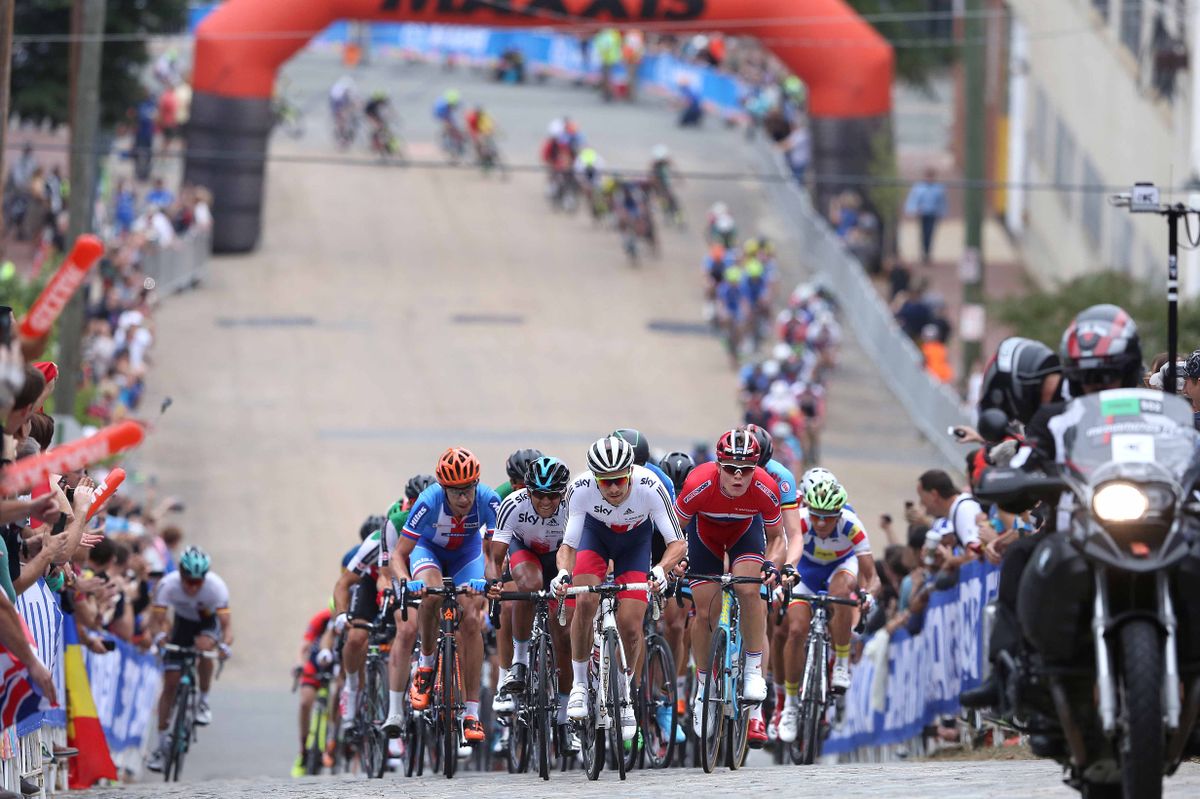 Owain Doull leading up the climb