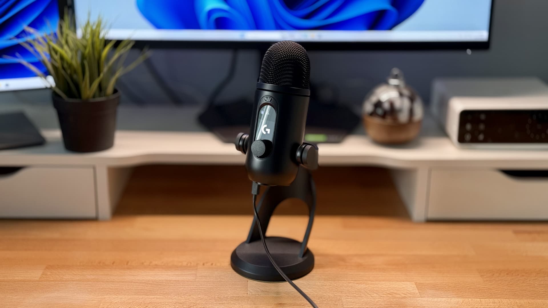 The Logitech Yeti 2 microphone on a desk.