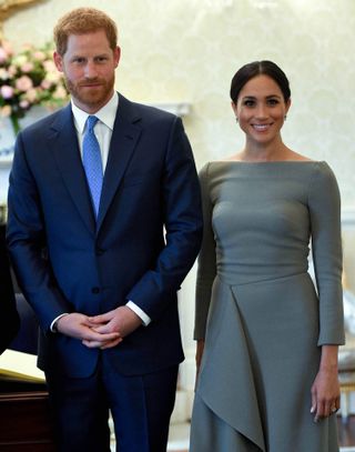 Prince William, Duke of Sussex and Meghan, Duchess of Sussex seen during their visit to Ireland at Aras an Uachtarain on July 11, 2018 in Dublin, Ireland