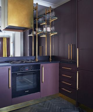 Modern kitchen with purple cabinets and gold hardware