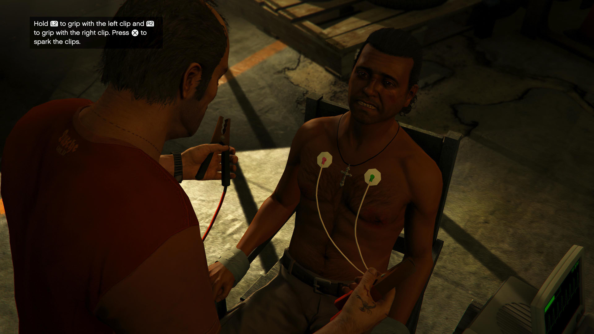 A man is hooked up to a torture device in Grand Theft Auto 5