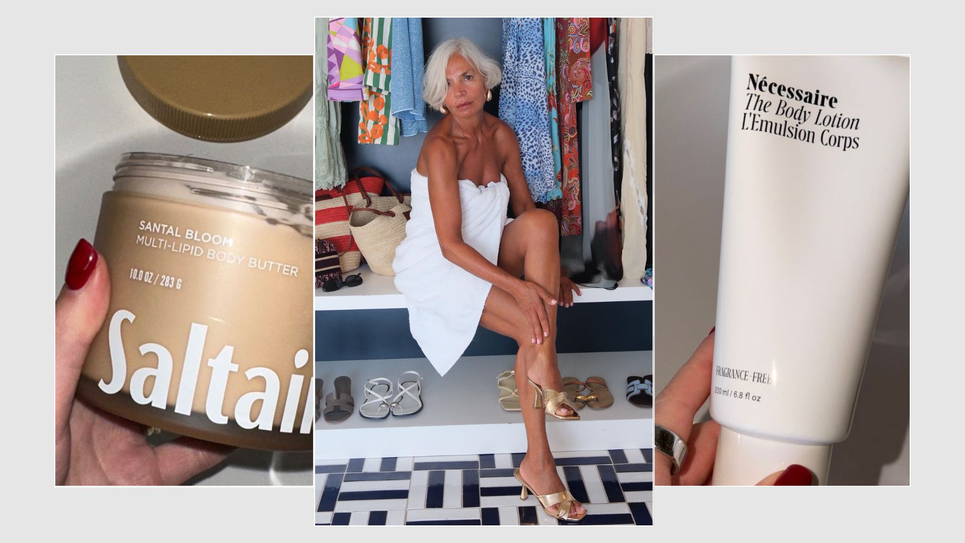 A collage with photos of the best body creams for mature skin, alongside a photo of Grece Ghanem applying lotion to her legs with a white towel wrapped around her in front of a wardrobe