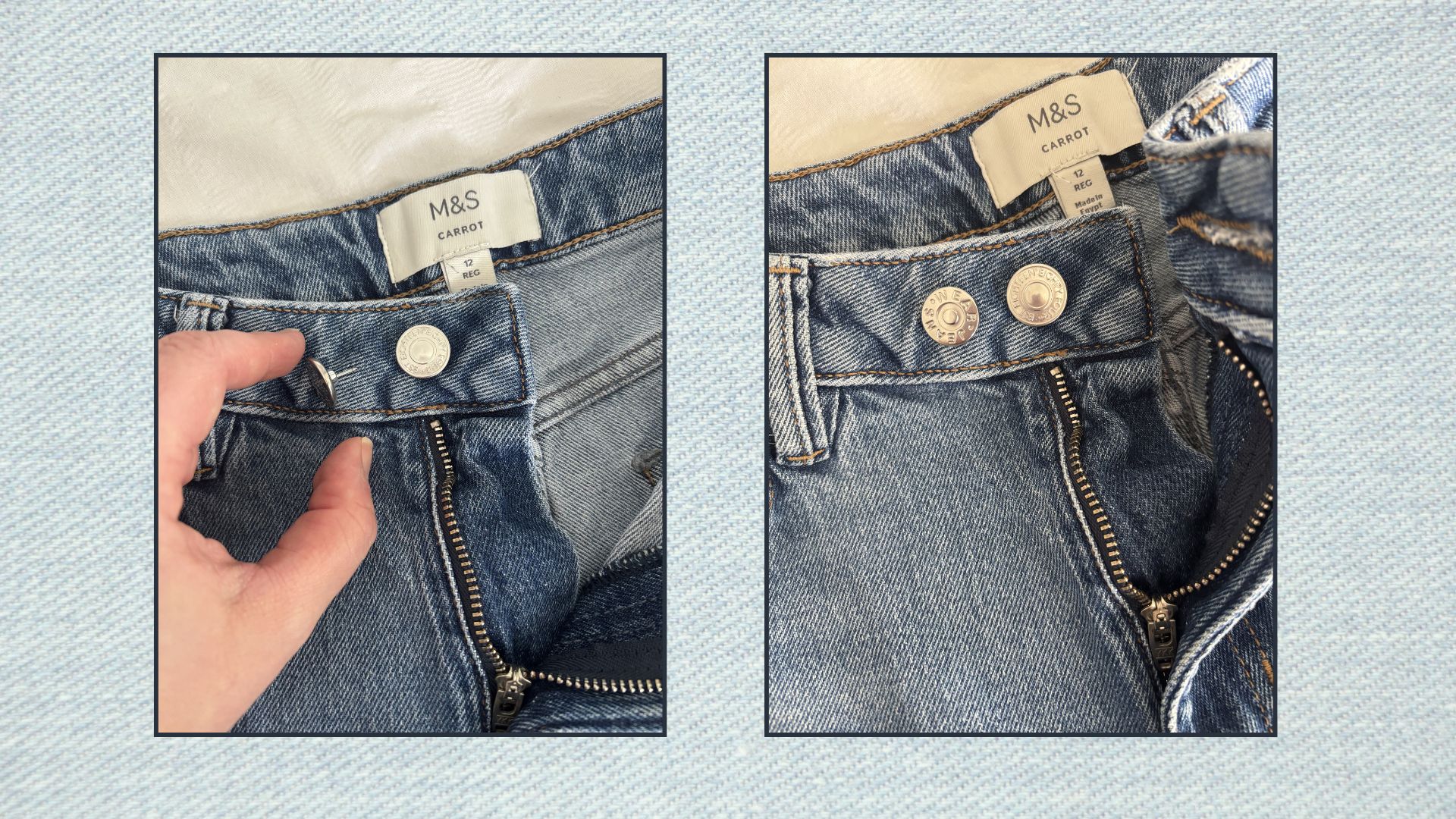 two shots of matilda putting the buttons onto the jeans